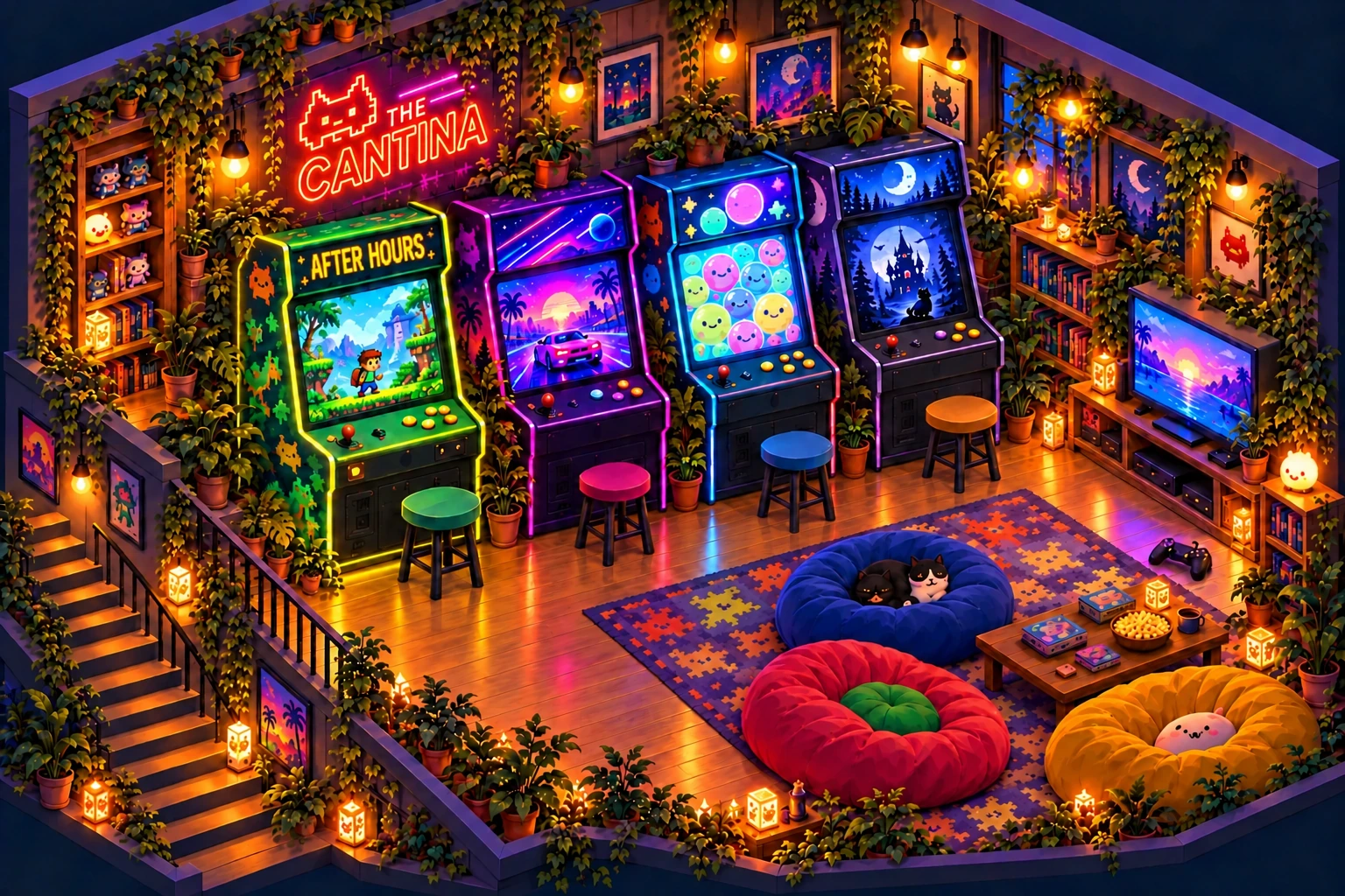 The Cantina: a cosy isometric arcade with glowing machines, warm lamps, plants and beanbag seats.